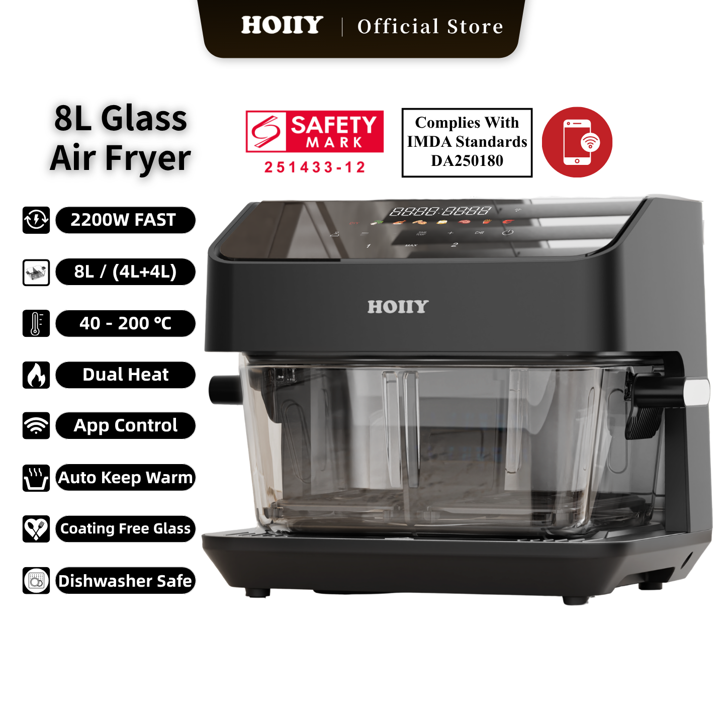 HOIIY Singapore 8L Glass Air Fryer White Background Promotional Picture