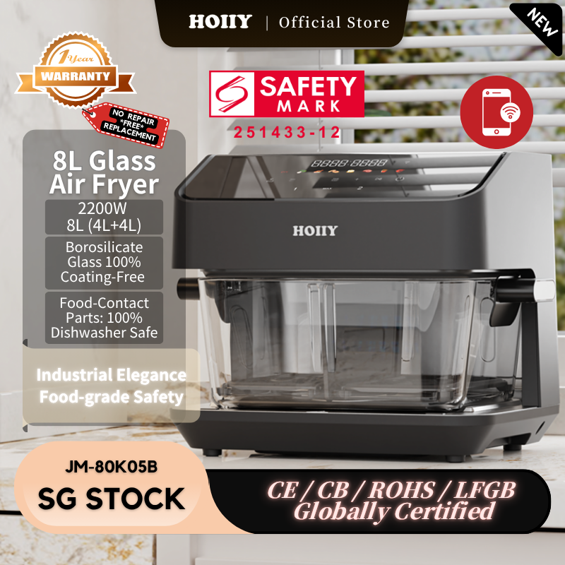 HOIIY Singapore 8L Dark Grey Glass Air Fryer - Premium coating-free health fryer on a kitchen counter with safety certification logos.