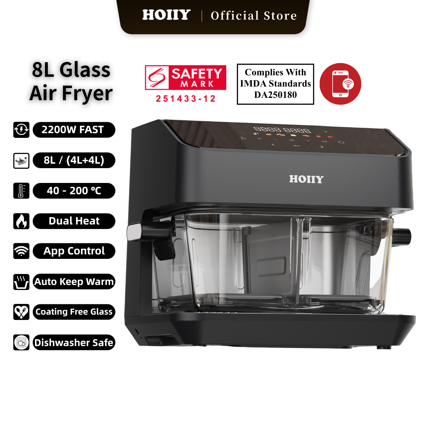 HOIIY Singapore 8L Glass Air Fryer white background with main features.