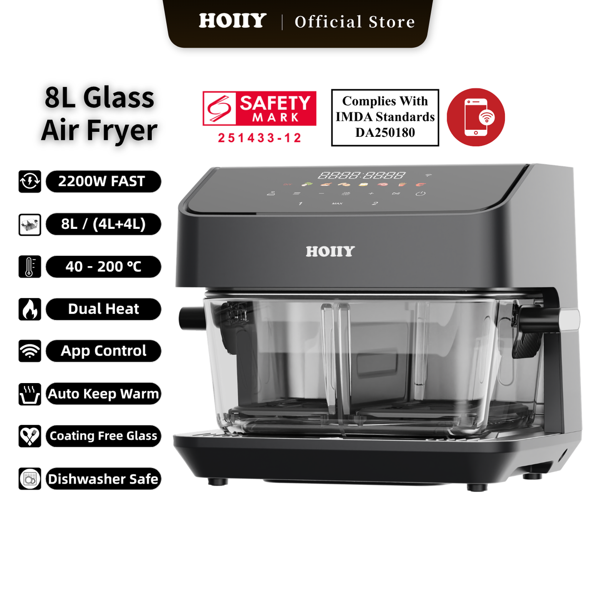HOIIY Singapore 8L Glass Air Fryer white background with main features.