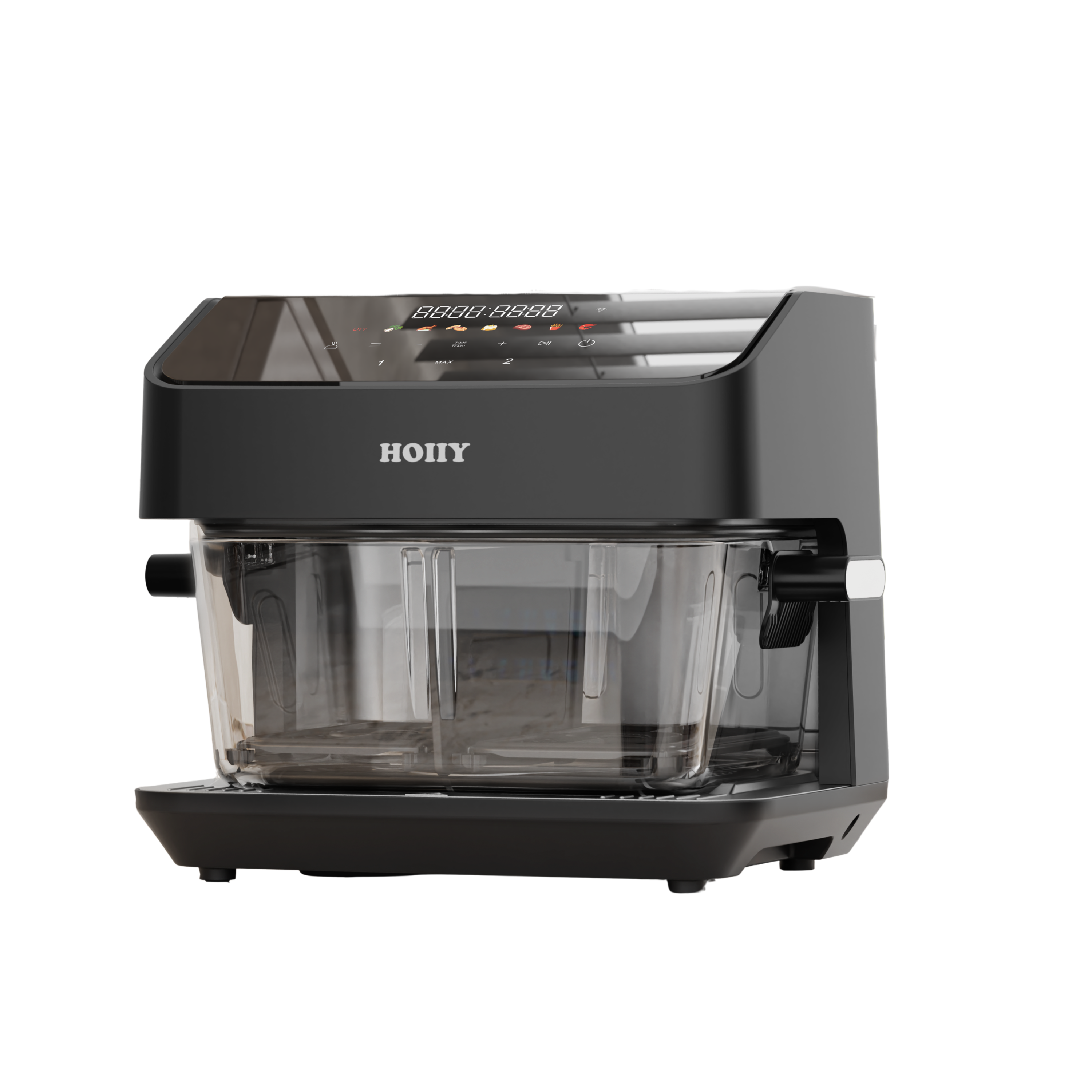 HOIIY Singapore 8L Glass Air Fryer Dark Grey promotion picture with clear glass carafe on a white background.