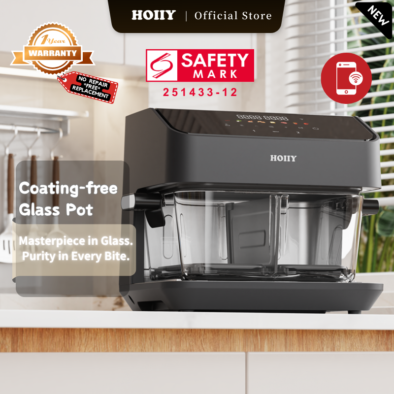 HOIIY 8L Glass Air Fryer accessories: Non-toxic ceramic coated aluminized steel bake tray, 100% PFAS and PTFE free for healthy cooking. Dark Grey Air Fryer with safety mark and warranty information on a kitchen counter.