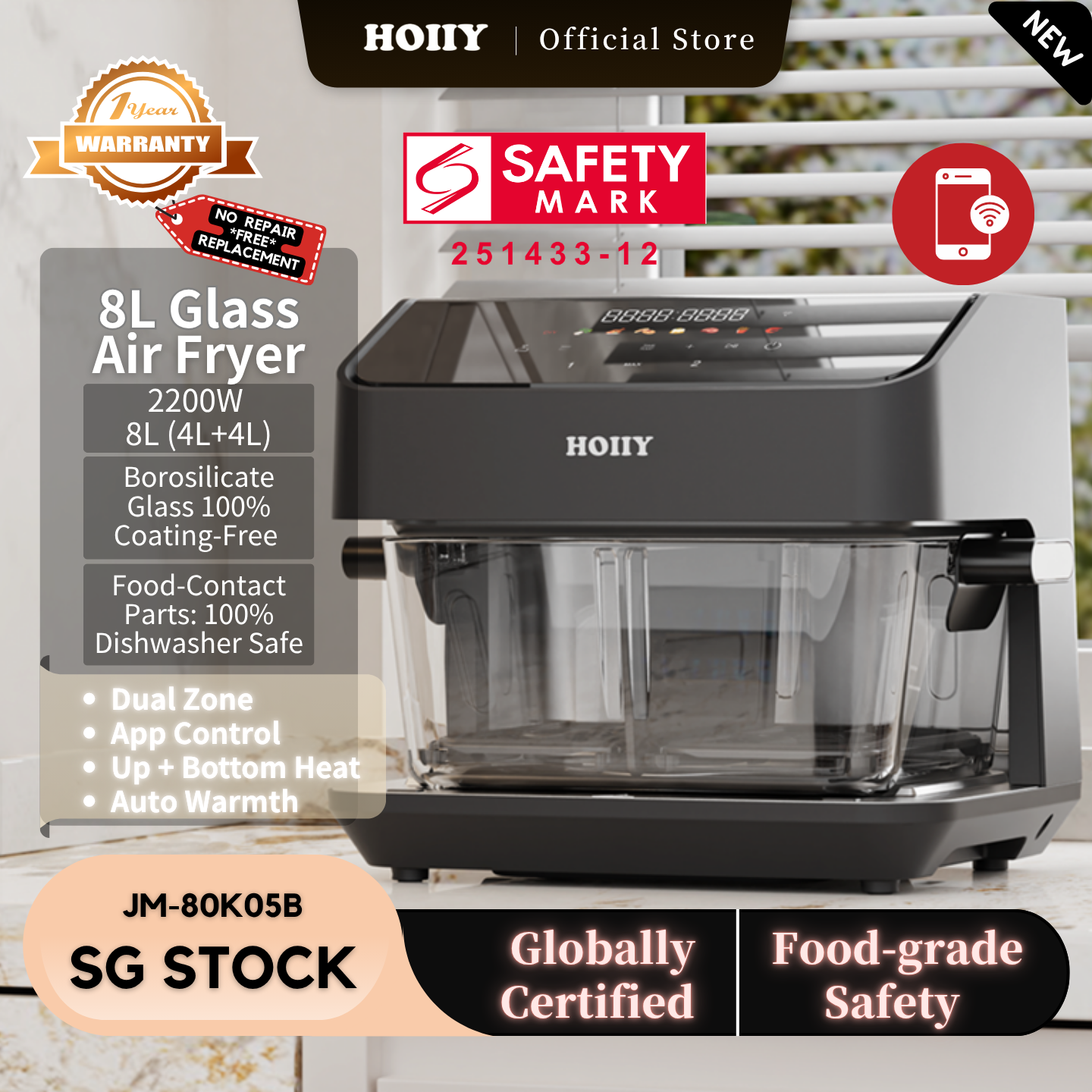HOIIY Singapore 8L Glass Air Fryer Main Product Image with features including 2200W 8L (4L+4L), Borosilicate Glass 100% Coating-Free, Food-Contact Parts: 100% Dishwasher Safe, Dual Zone, App Control, Up + Bottom Heat, Auto Warmth, SG STOCK, Globally Certified, Food-grade Safety, 1-year Warranty, Safety Mark.