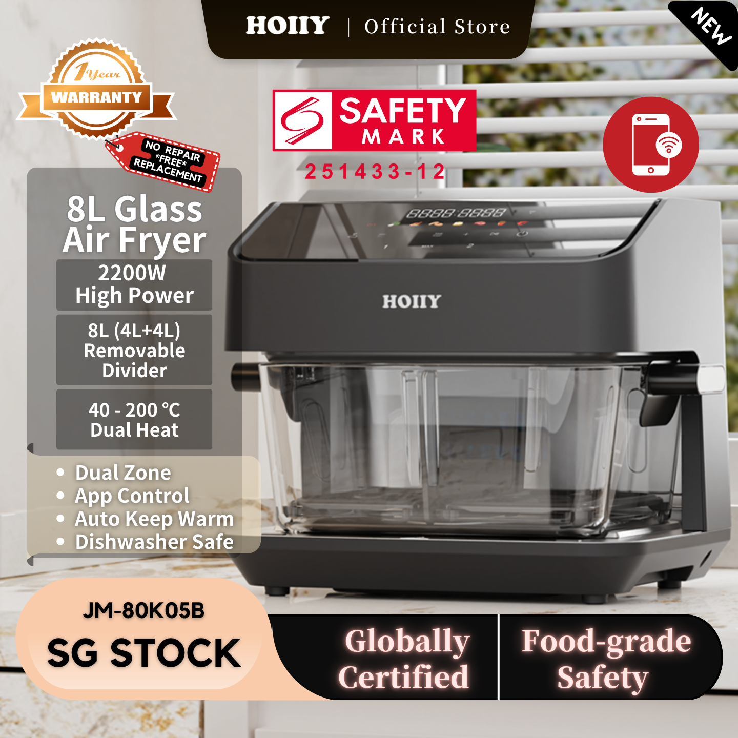 HOIIY Singapore 8L Glass Air Fryer Main Product Image with features including 2200W 8L (4L+4L), Borosilicate Glass 100% Coating-Free, Food-Contact Parts: 100% Dishwasher Safe, Dual Zone, App Control, Up + Bottom Heat, Auto Warmth, SG STOCK, Globally Certified, Food-grade Safety, 1-year Warranty, Safety Mark.
