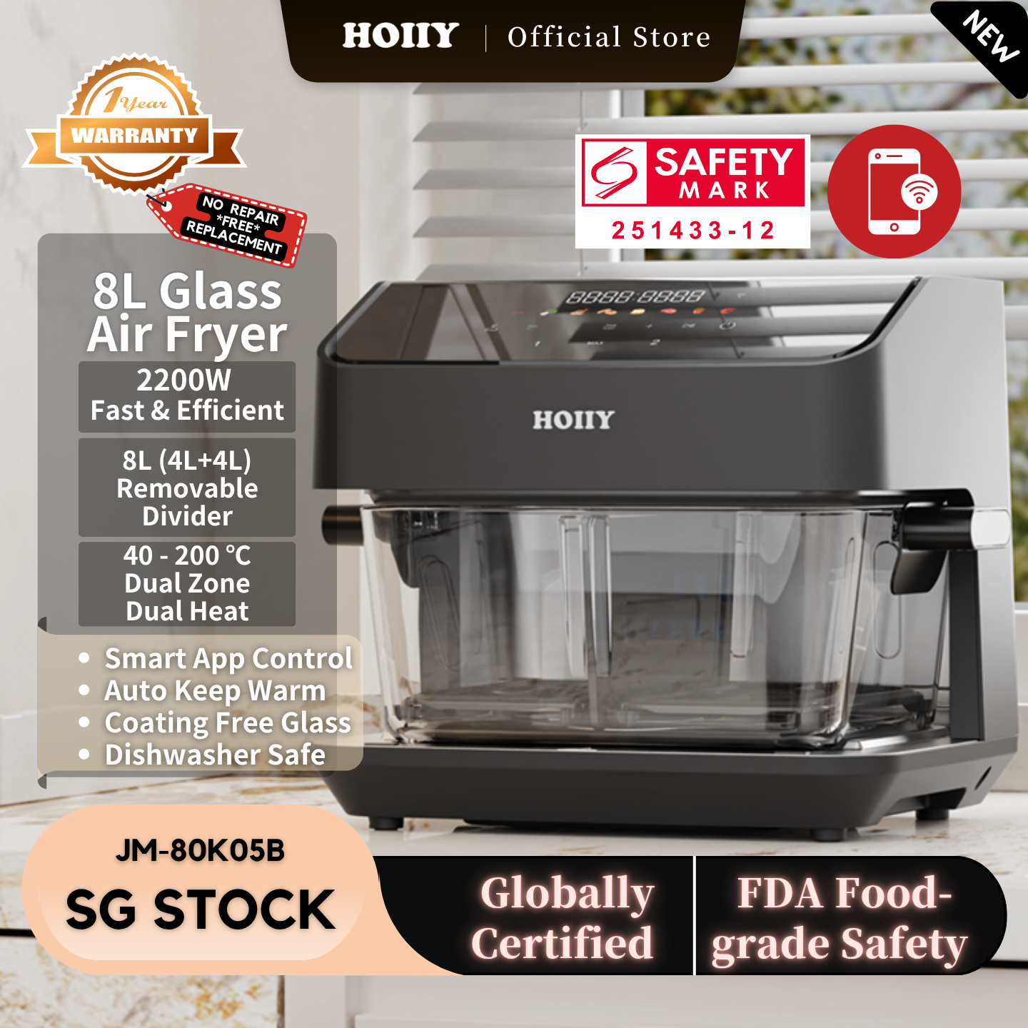 HOIIY Singapore 8L Glass Air Fryer Main Product Image with features including 2200W 8L (4L+4L), Borosilicate Glass 100% Coating-Free, Food-Contact Parts: 100% Dishwasher Safe, Dual Zone, App Control, Up + Bottom Heat, Auto Warmth, SG STOCK, Globally Certified, Food-grade Safety, 1-year Warranty, Safety Mark.
