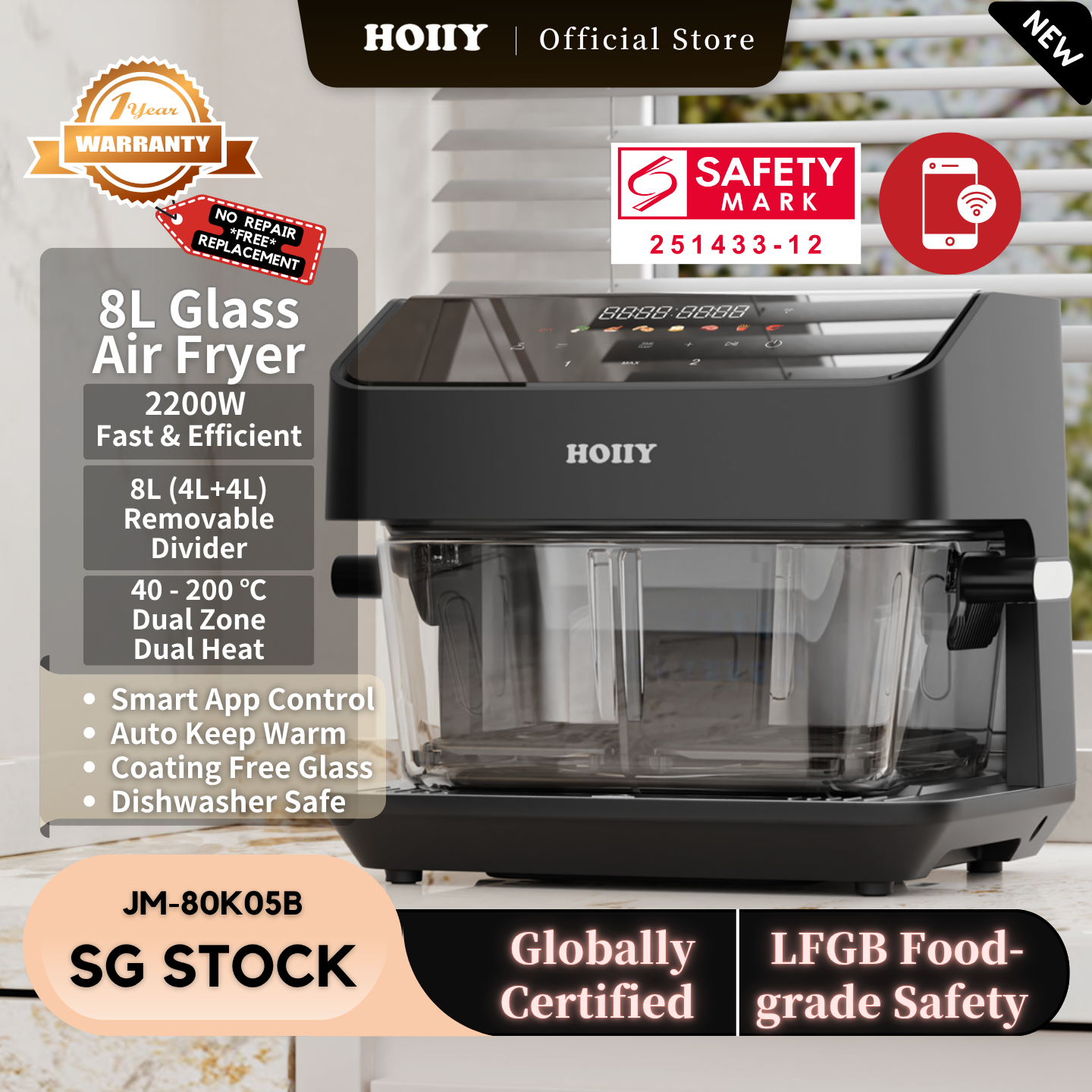 HOIIY Singapore 8L Glass Air Fryer Main Product Image with features including 2200W 8L (4L+4L), Borosilicate Glass 100% Coating-Free, Food-Contact Parts: 100% Dishwasher Safe, Dual Zone, App Control, Up + Bottom Heat, Auto Warmth, SG STOCK, Globally Certified, Food-grade Safety, 1-year Warranty, Safety Mark.
