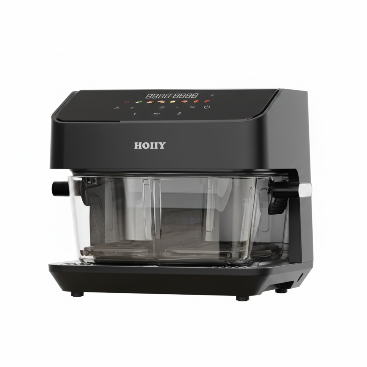 HOIIY Singapore 8L Glass Air Fryer Dark Grey promotion picture with clear glass carafe on a white background.