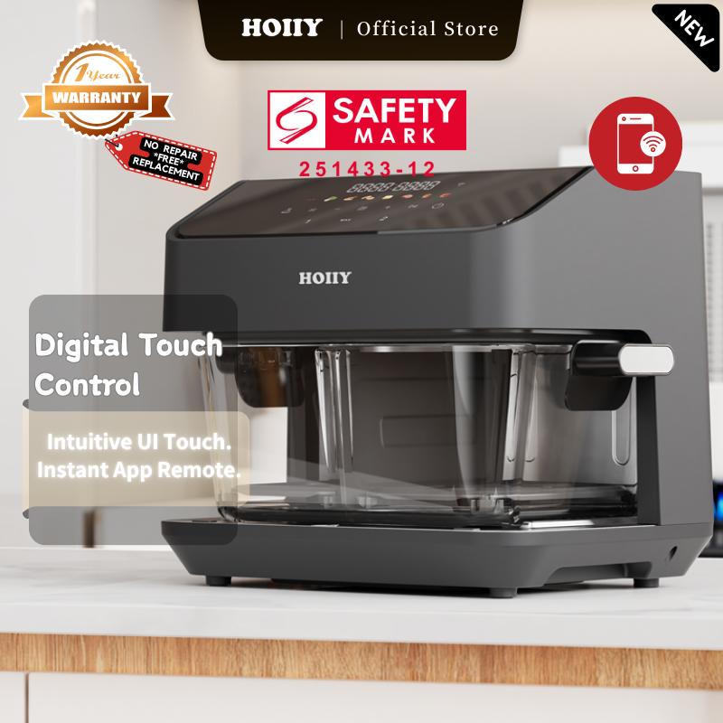 Smart one-touch LED control panel of HOIIY 8L fryer with multiple presets for oil-free frying and baking.Dark Grey Kitchen Appliance with digital touch control on a white background.