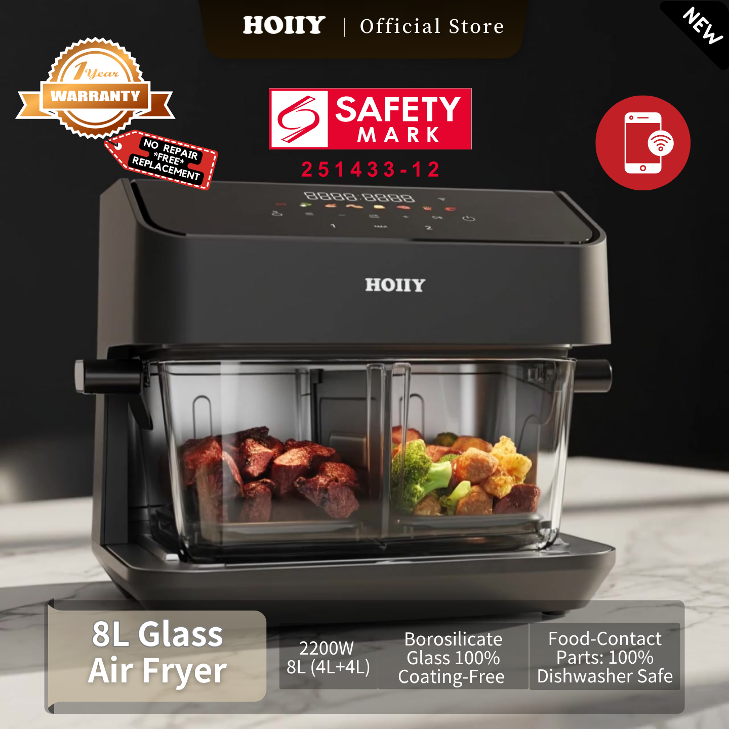 HOIIY Singapore 8L Glass Air Fryer Main Product Image with features including 2200W 8L (4L+4L), Borosilicate Glass 100% Coating-Free, Food-Contact Parts: 100% Dishwasher Safe, 1-year Warranty, Safety Mark.