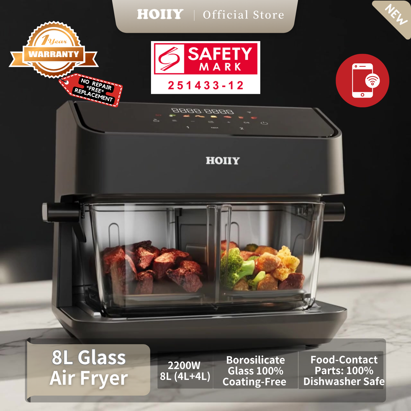 HOIIY Singapore 8L Glass Air Fryer Main Product Image with features including 2200W 8L (4L+4L), Borosilicate Glass 100% Coating-Free, Food-Contact Parts: 100% Dishwasher Safe, 1-year Warranty, Safety Mark.