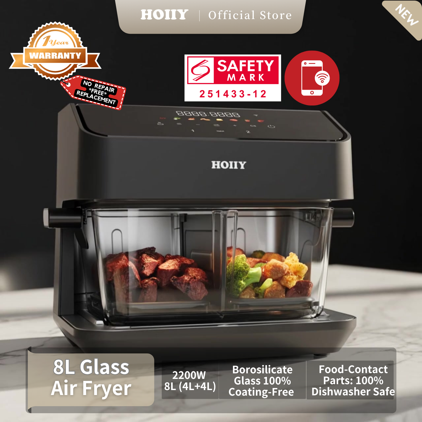 HOIIY Singapore 8L Glass Air Fryer Main Product Image with features including 2200W 8L (4L+4L), Borosilicate Glass 100% Coating-Free, Food-Contact Parts: 100% Dishwasher Safe, 1-year Warranty, Safety Mark.