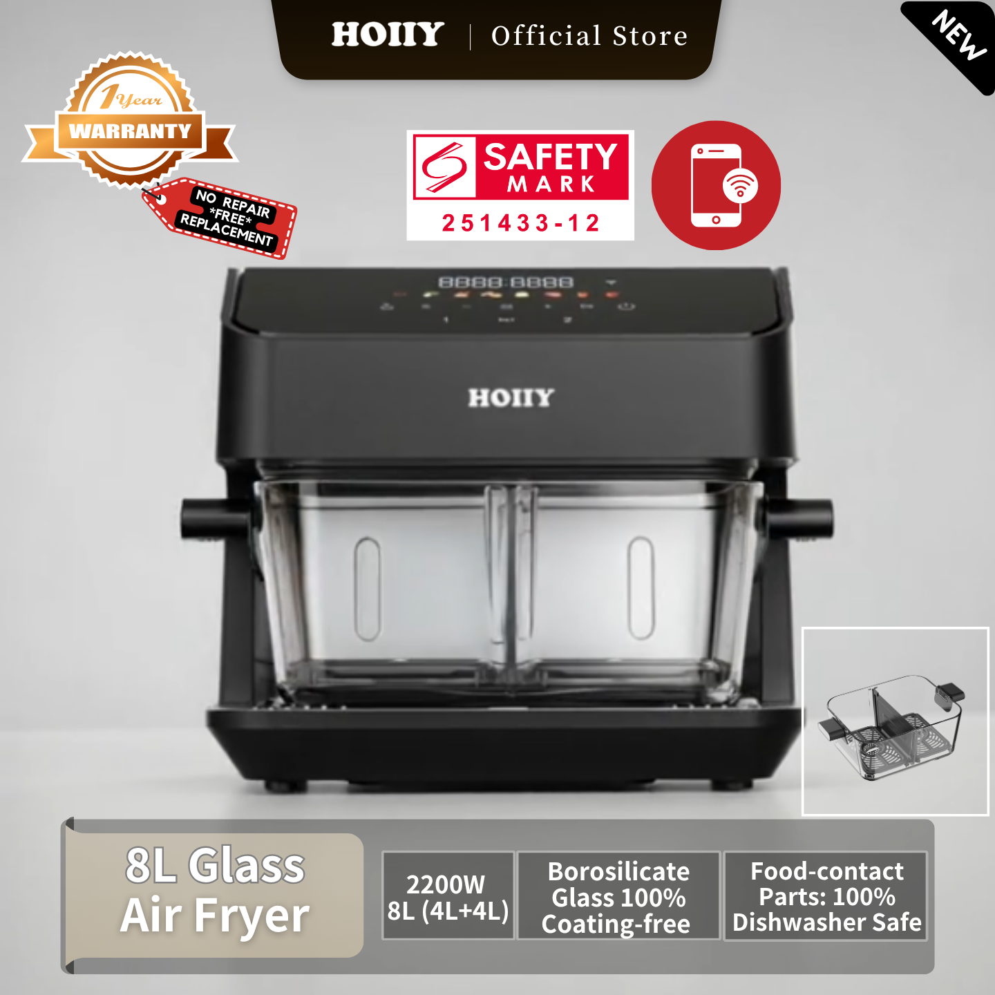 HOIIY Singapore 8L Glass Air Fryer Main Product Image with 2200W, 8L (4L + 4L), borosilicate glass 100% coating-free, food-contact parts 100% dishwasher safe.