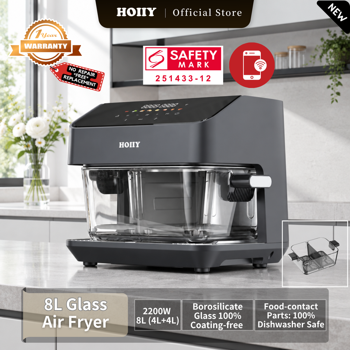 HOIIY Singapore 8L Glass Air Fryer Main Product Image with 2200W, 8L (4L + 4L), borosilicate glass 100% coating-free, food-contact parts 100% dishwasher safe.