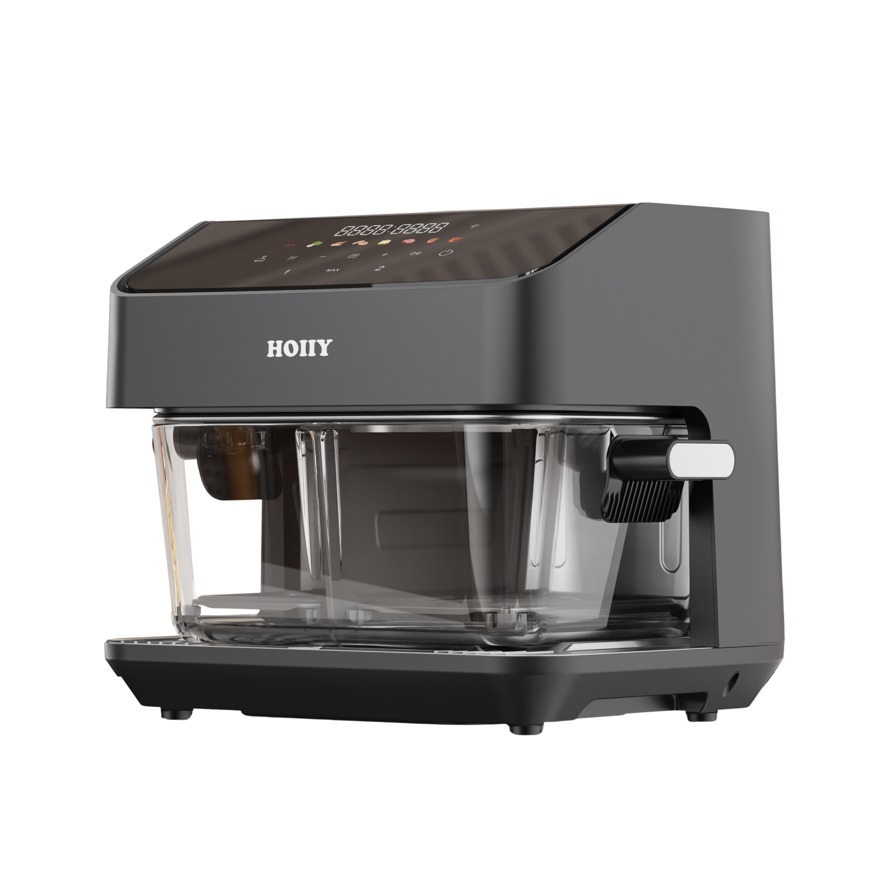HOIIY Singapore 8L Glass Air Fryer Dark Grey promotion picture with clear glass carafe on a white background.
