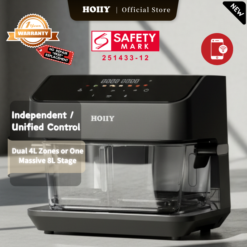 HOIIY 8L Glass Air Fryer with removable partition: Easily switch between 4L+4L independent dual-zone control and a massive 8L unified cooking space. Dark Grey Air Fryer with text on independent/unified control on a gray background.