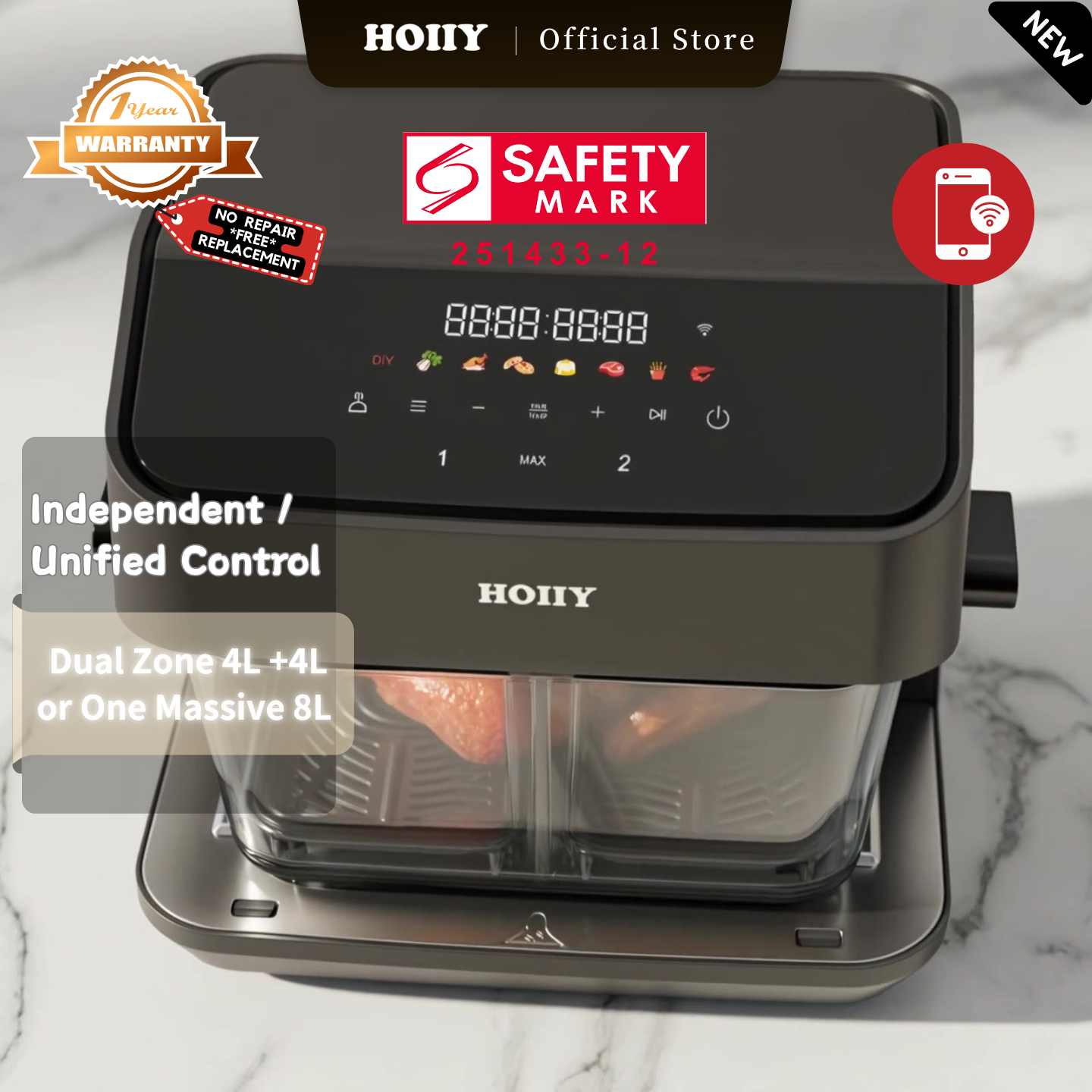 HOIIY Singapore 8L Glass Air Fryer Main Product Image with features including Independent /
Unified Control, Dual Zone 4L +4L or One Massive 8L, 1-year Warranty, Safety Mark.