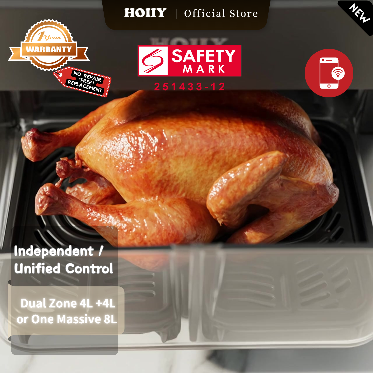 HOIIY Singapore 8L Glass Air Fryer Main Product Image with features including Independent /
Unified Control, Dual Zone 4L +4L or One Massive 8L, 1-year Warranty, Safety Mark.