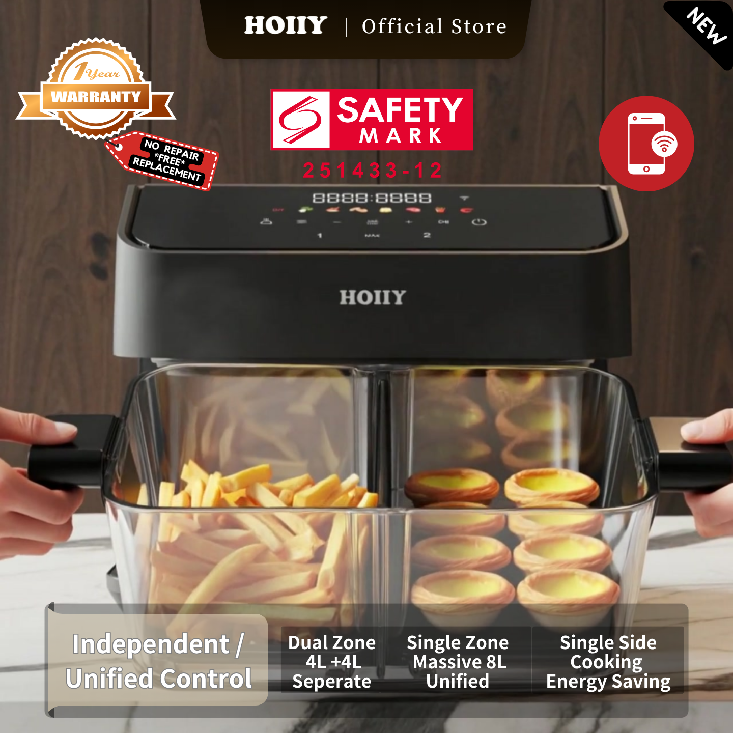 HOIIY Singapore 8L Glass Air Fryer Main Product Image with features including Independent /
Unified Control, Dual Zone 4L +4L or One Massive 8L, 1-year Warranty, Safety Mark.
