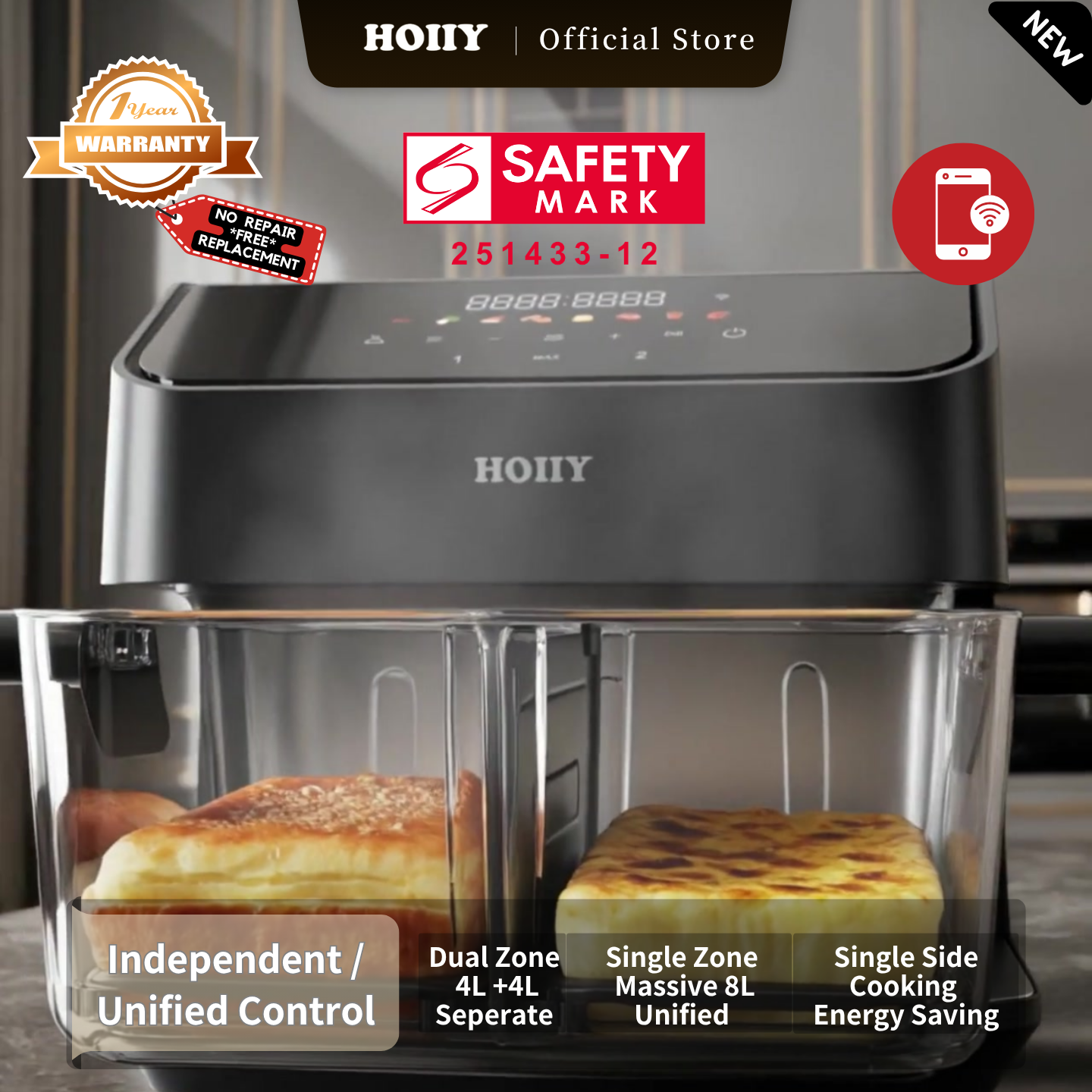 HOIIY Singapore 8L Glass Air Fryer Main Product Image with features including Independent /
Unified Control, Dual Zone 4L +4L or One Massive 8L, 1-year Warranty, Safety Mark.