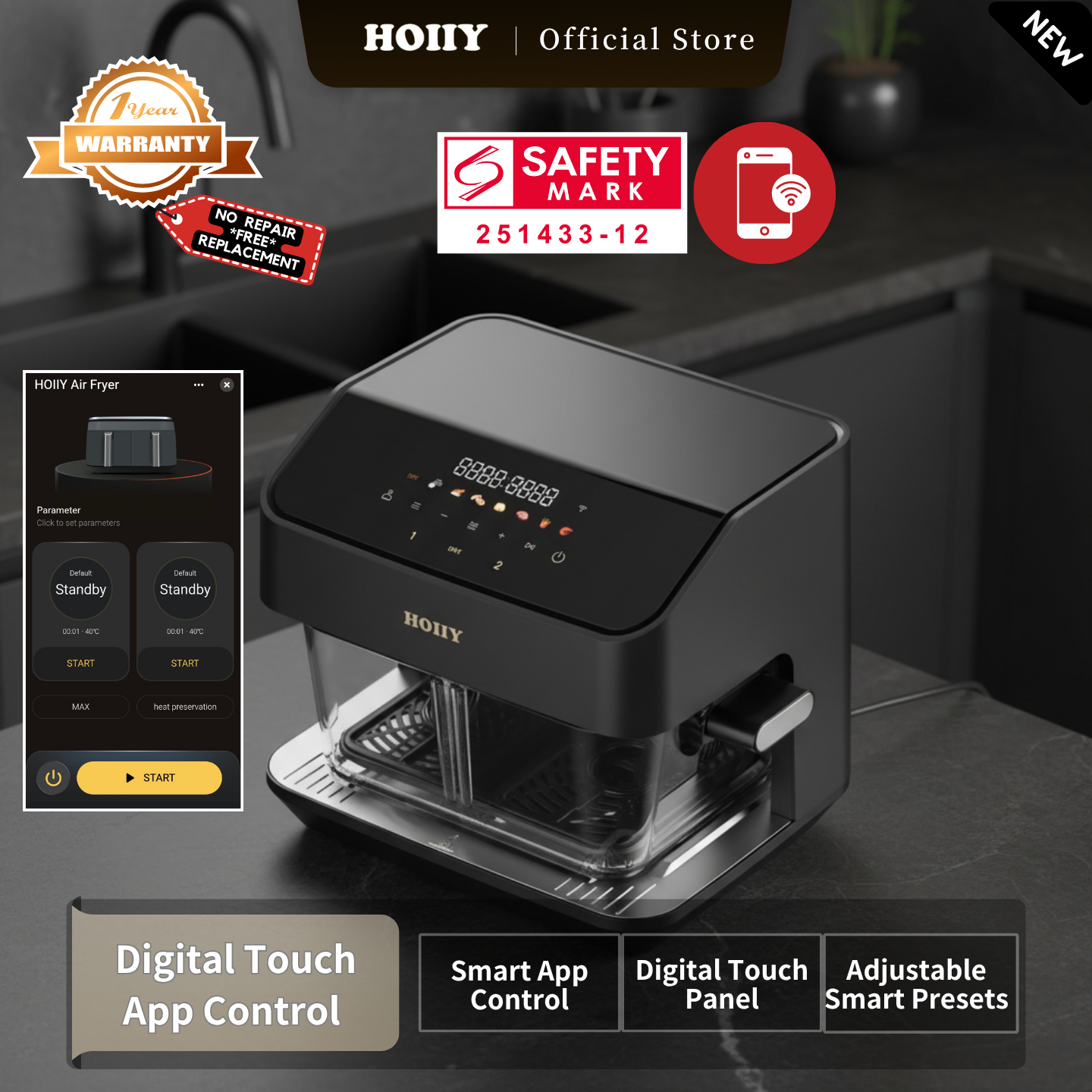 HOIIY Singapore 8L Glass Air Fryer Main Product Image with touch & smart app control features.