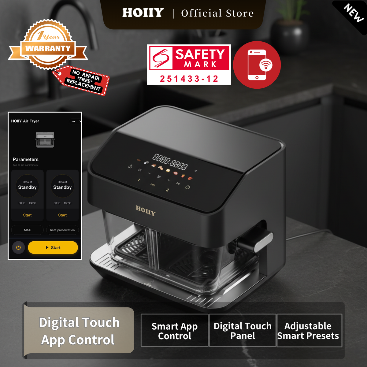 HOIIY Singapore 8L Glass Air Fryer Main Product Image with touch & smart app control features.