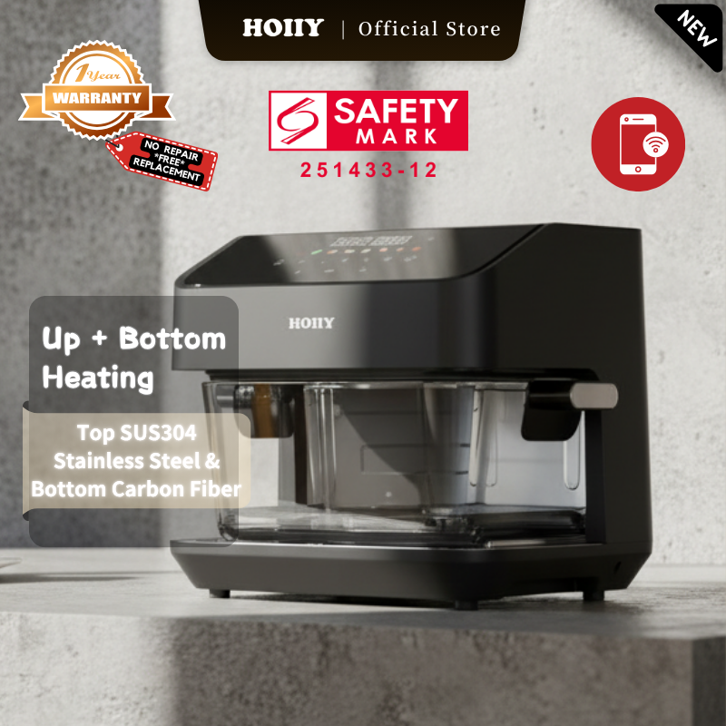HOIIY 8L Glass Air Fryer with dual heating system: Combining SUS304 stainless steel top heat and carbon fiber bottom heat for 360° 3D air circulation. Dark Grey kitchen appliance with safety mark and warranty information on a gray background.