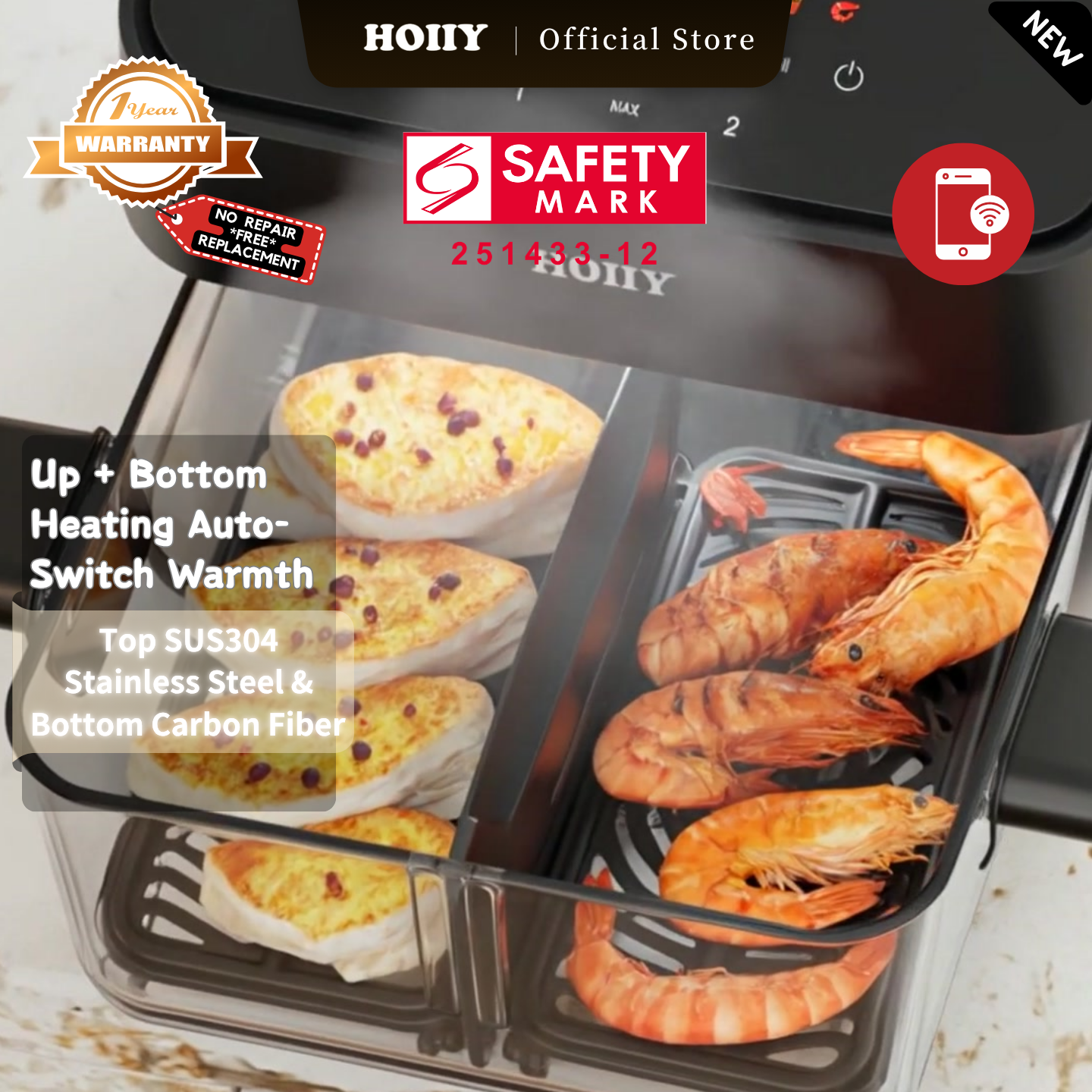 HOIIY Singapore 8L Glass Air Fryer Main Product Image with features including Up + Bottom Heating Auto-Switch Warmth, Top SUS304 Stainless Steel & Bottom Carbon Fiber, 1-year Warranty, Safety Mark.
