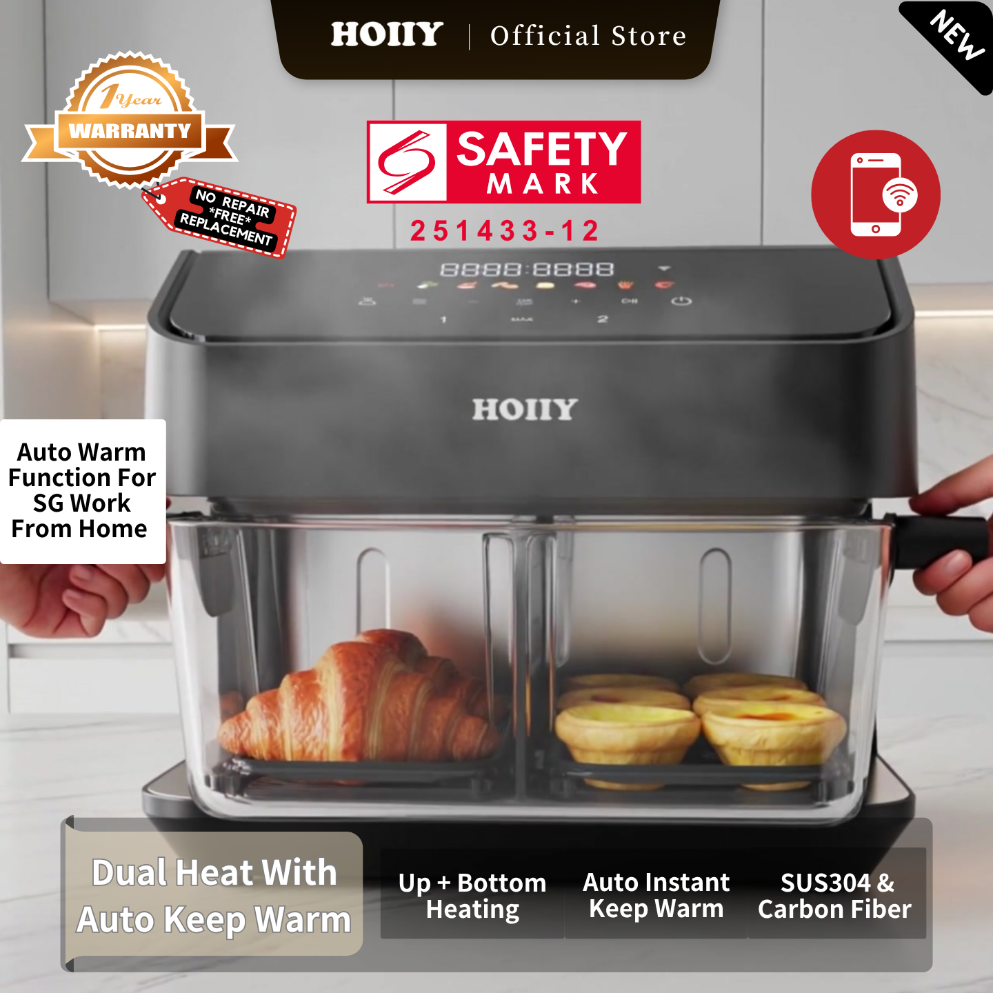 HOIIY Singapore 8L Glass Air Fryer Main Product Image with features including Up + Bottom Heating Auto-Switch Warmth, Top SUS304 Stainless Steel & Bottom Carbon Fiber, 1-year Warranty, Safety Mark.