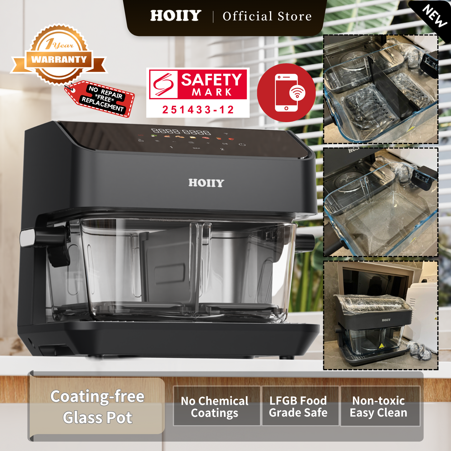 HOIIY Singapore 8L Glass Air Fryer Main Product Image with LFGB food grade coating-free glass pot.