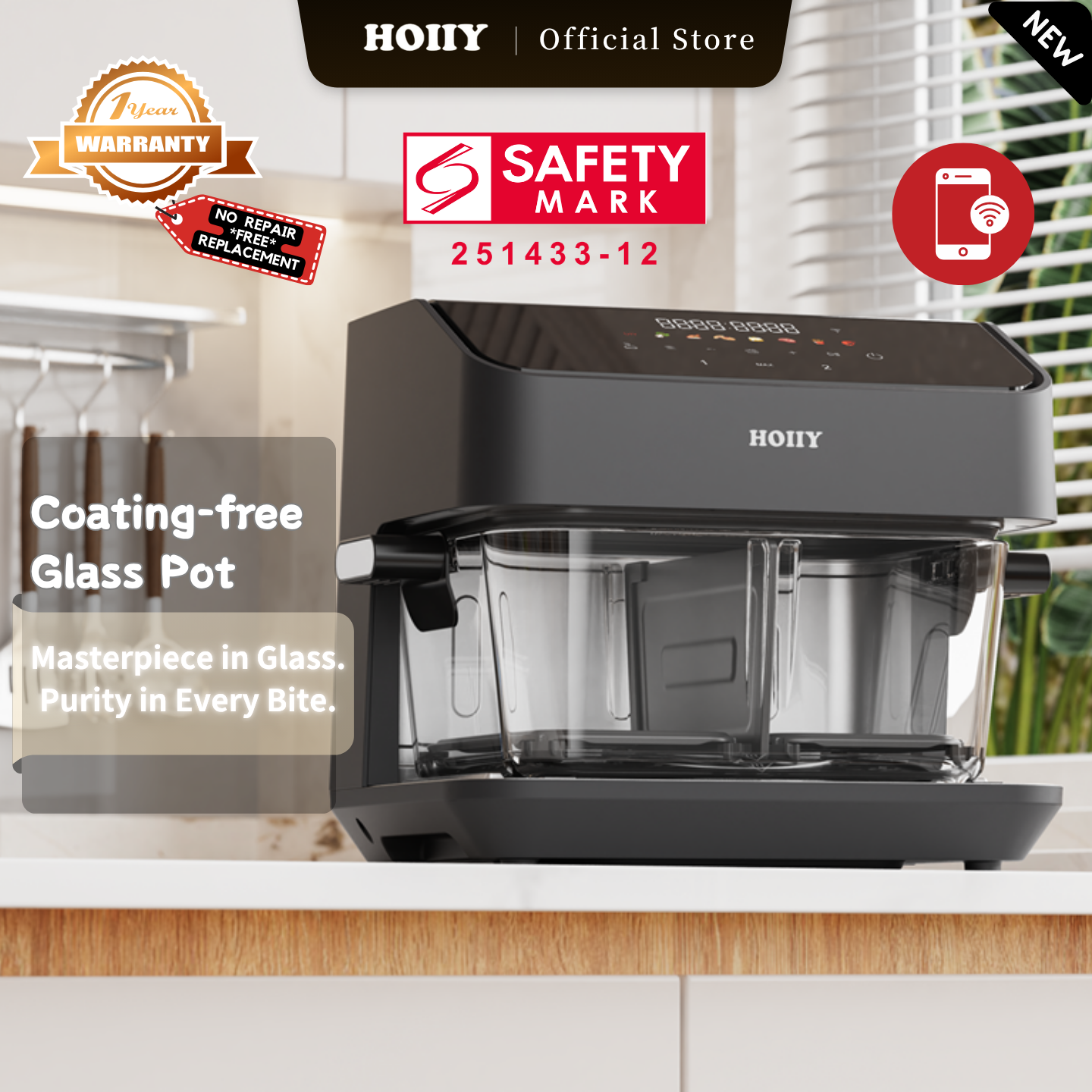 HOIIY Singapore 8L Glass Air Fryer Main Product Image with features including Coating-free Glass Pot, Masterpiece in Glass. Purity in Every Bite. 1-year Warranty, Safety Mark.
