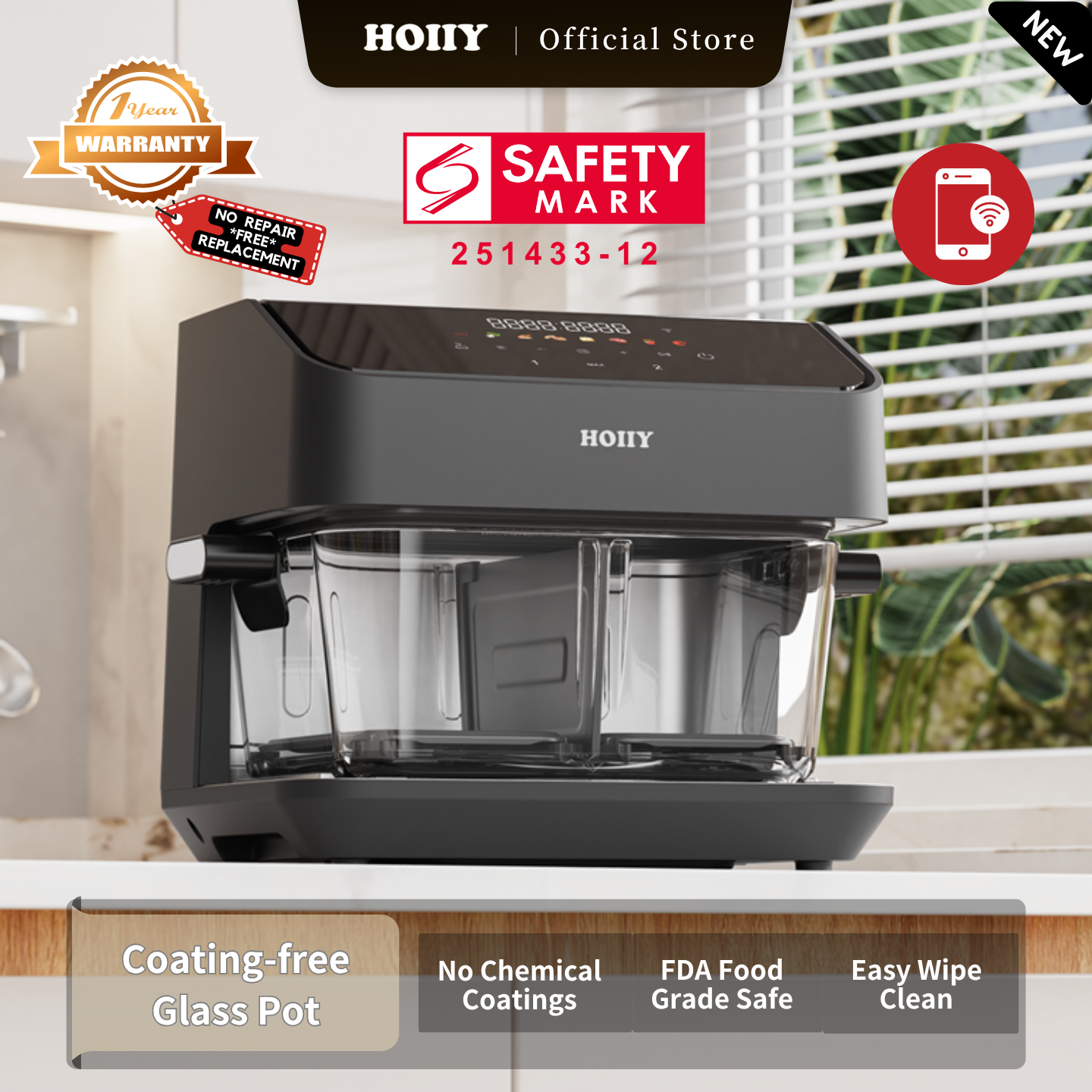HOIIY Singapore 8L Glass Air Fryer Main Product Image with features including Coating-free Glass Pot, Masterpiece in Glass. Purity in Every Bite. 1-year Warranty, Safety Mark.