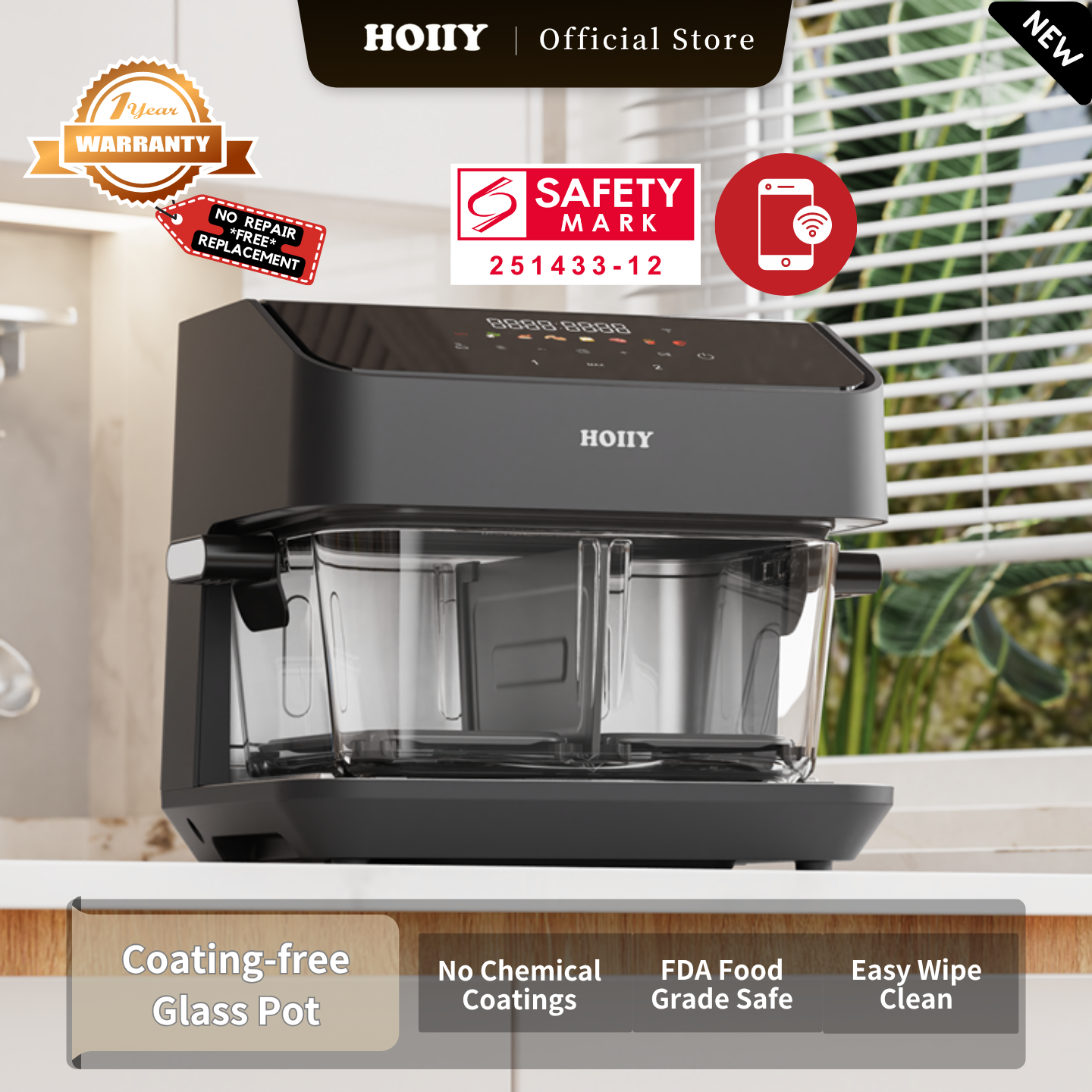 HOIIY Singapore 8L Glass Air Fryer Main Product Image with features including Coating-free Glass Pot, Masterpiece in Glass. Purity in Every Bite. 1-year Warranty, Safety Mark.