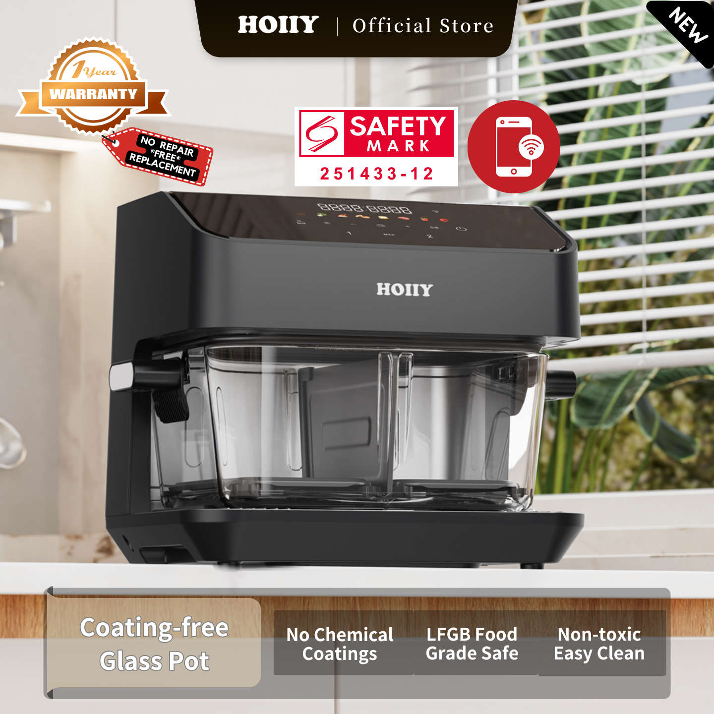 HOIIY Singapore 8L Glass Air Fryer Main Product Image with features including Coating-free Glass Pot, Masterpiece in Glass. Purity in Every Bite. 1-year Warranty, Safety Mark.
