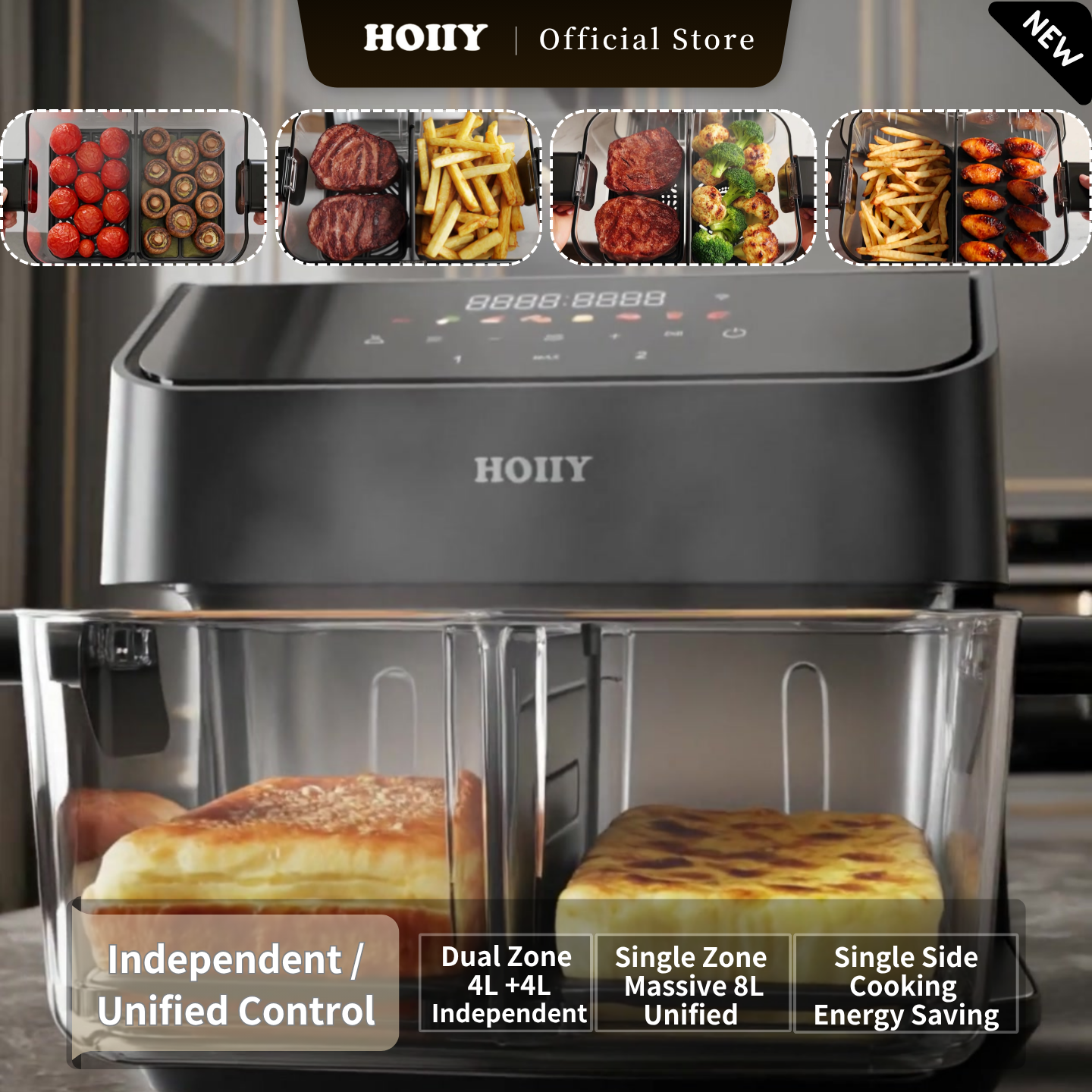 HOIIY Singapore 8L Glass Air Fryer Main Product Image with independent / unified control features.
