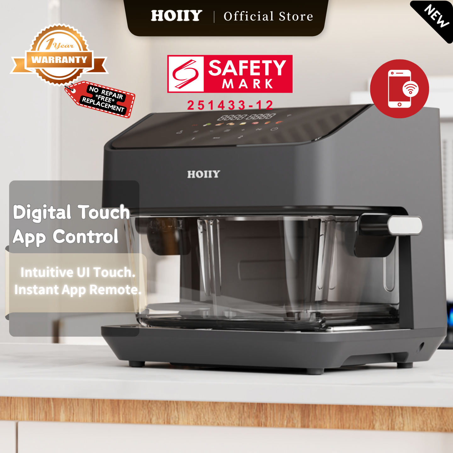 HOIIY Singapore 8L Glass Air Fryer Main Product Image with features including Digital Touch App Control, Intuitive UI Touch. Instant App Remote. 1-year Warranty, Safety Mark.