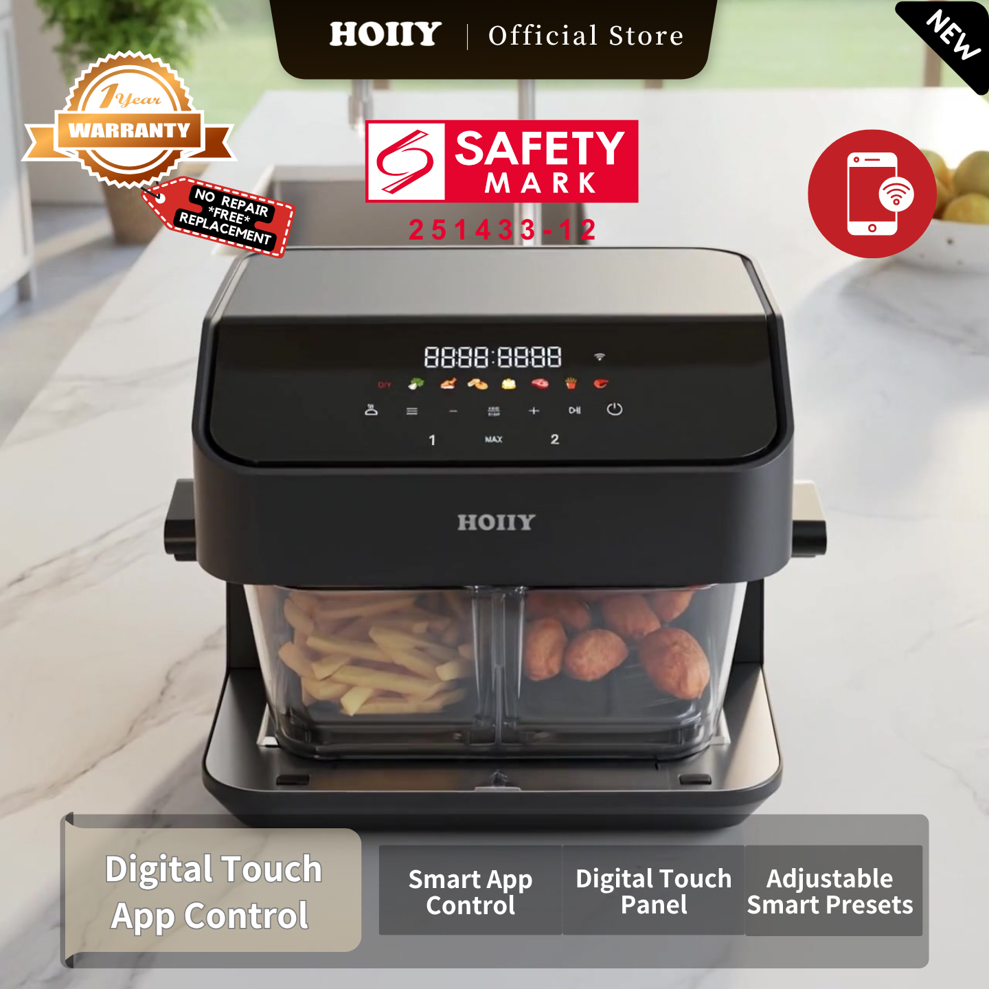 HOIIY Singapore 8L Glass Air Fryer Main Product Image with features including Digital Touch App Control, Intuitive UI Touch. Instant App Remote. 1-year Warranty, Safety Mark.