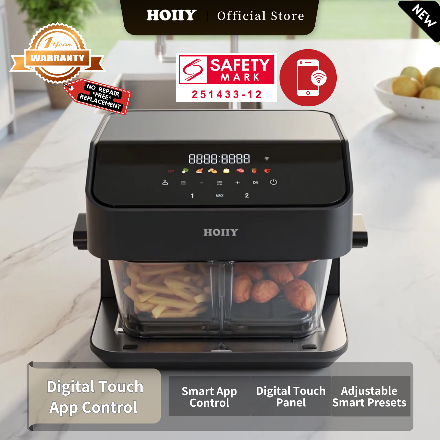 HOIIY Singapore 8L Glass Air Fryer Main Product Image with features including Digital Touch App Control, Intuitive UI Touch. Instant App Remote. 1-year Warranty, Safety Mark.