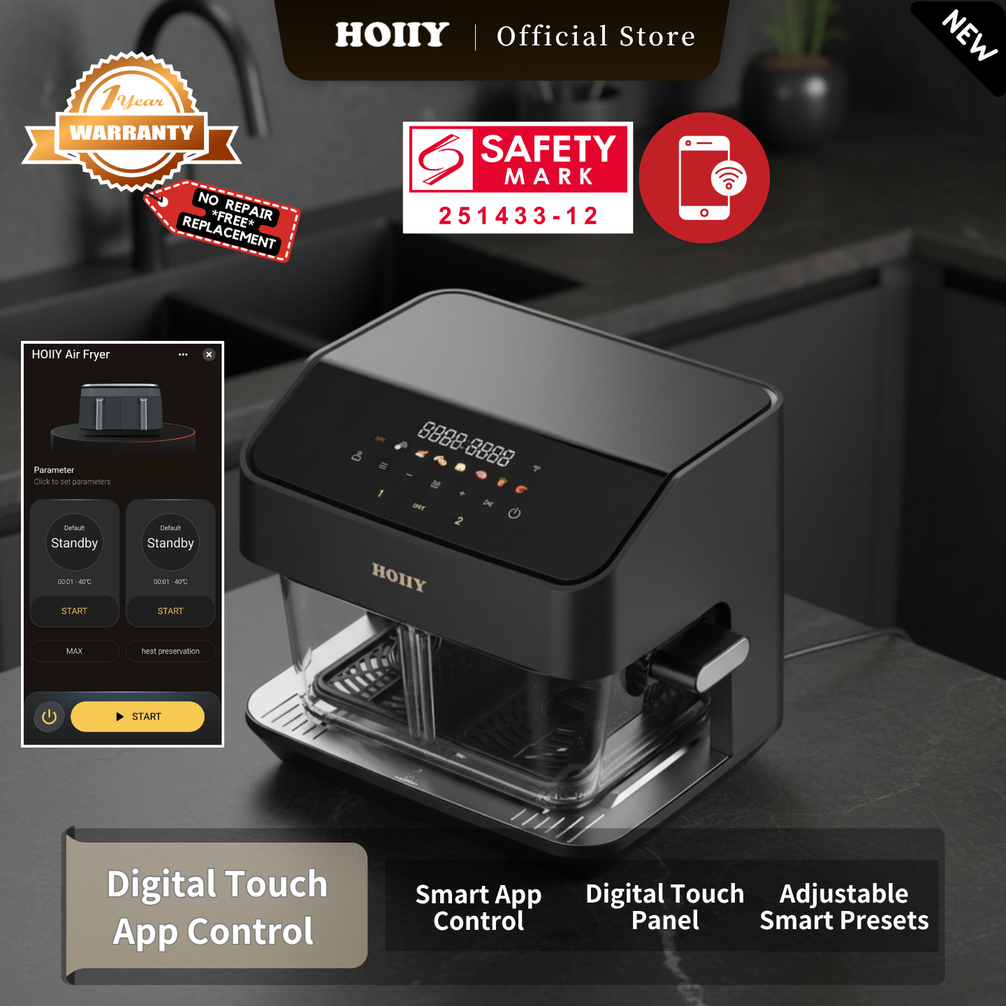HOIIY Singapore 8L Glass Air Fryer Main Product Image with features including Digital Touch App Control, Intuitive UI Touch. Instant App Remote. 1-year Warranty, Safety Mark.