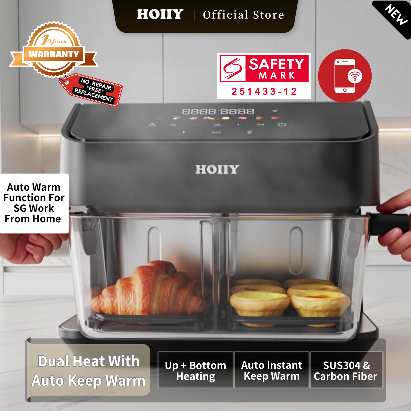 HOIIY Singapore 8L Glass Air Fryer Main Product Image showing dual heat with auto keep warm features.