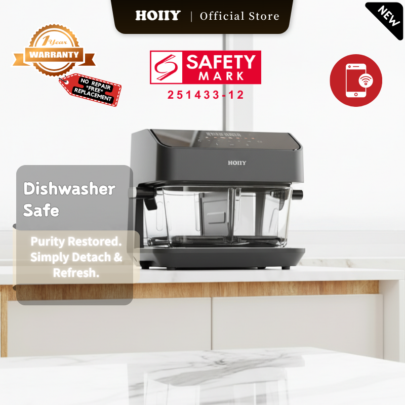 HOIIY 8L Glass Air Fryer: Fully detachable dishwasher-safe components including the borosilicate glass pot, ceramic coated bake tray, and partition plate. Dishwasher-safe kitchen appliance on a kitchen counter with HOIIY branding and safety features highlighted.