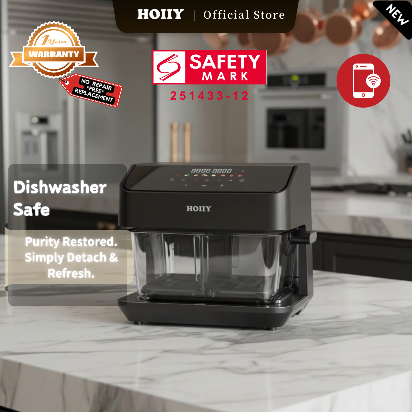 HOIIY Singapore 8L Glass Air Fryer Main Product Image with features including Dishwasher Safe, Purity Restored. Simply Detach & Refresh. 1-year Warranty, Safety Mark.
