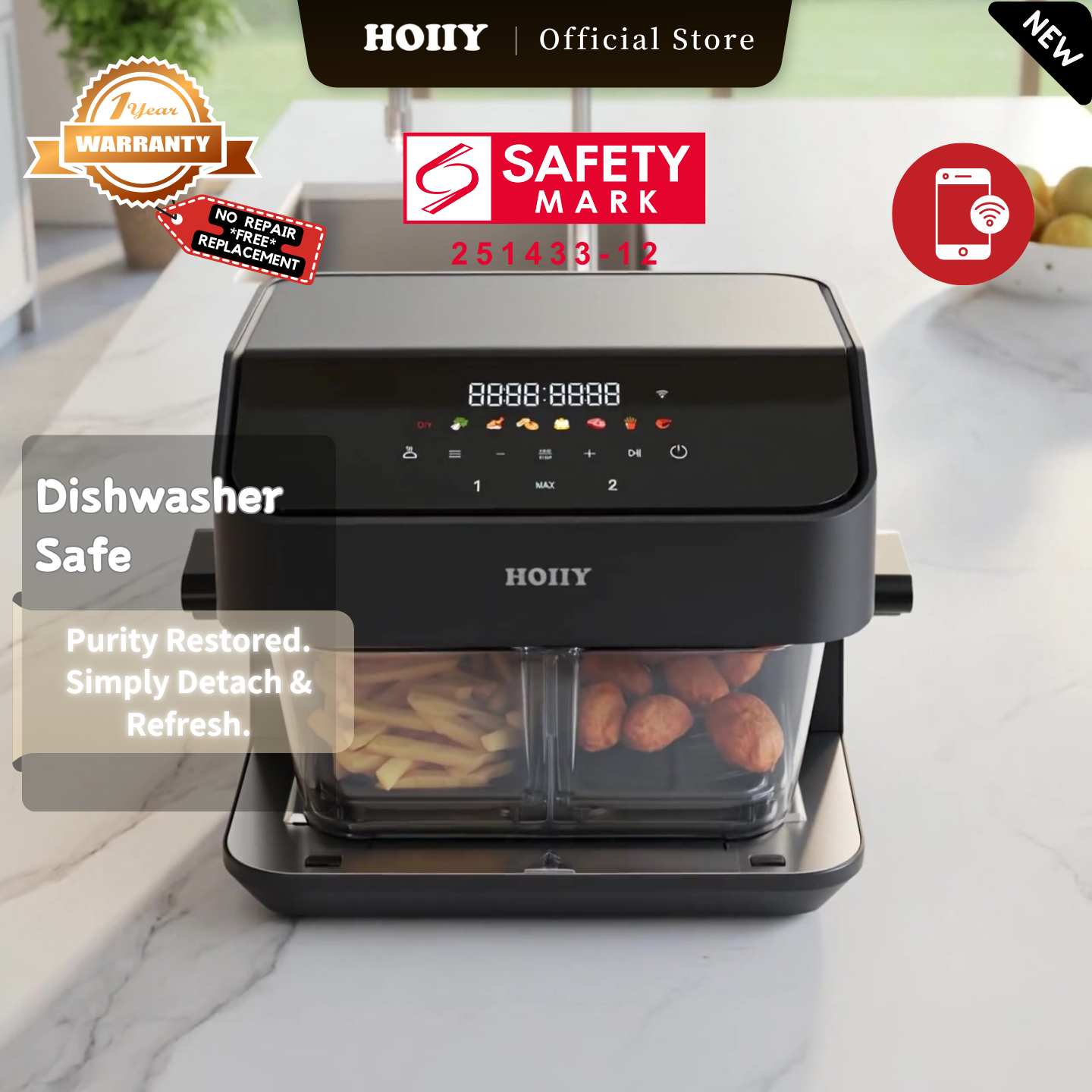 HOIIY Singapore 8L Glass Air Fryer Main Product Image with features including Dishwasher Safe, Purity Restored. Simply Detach & Refresh. 1-year Warranty, Safety Mark.
