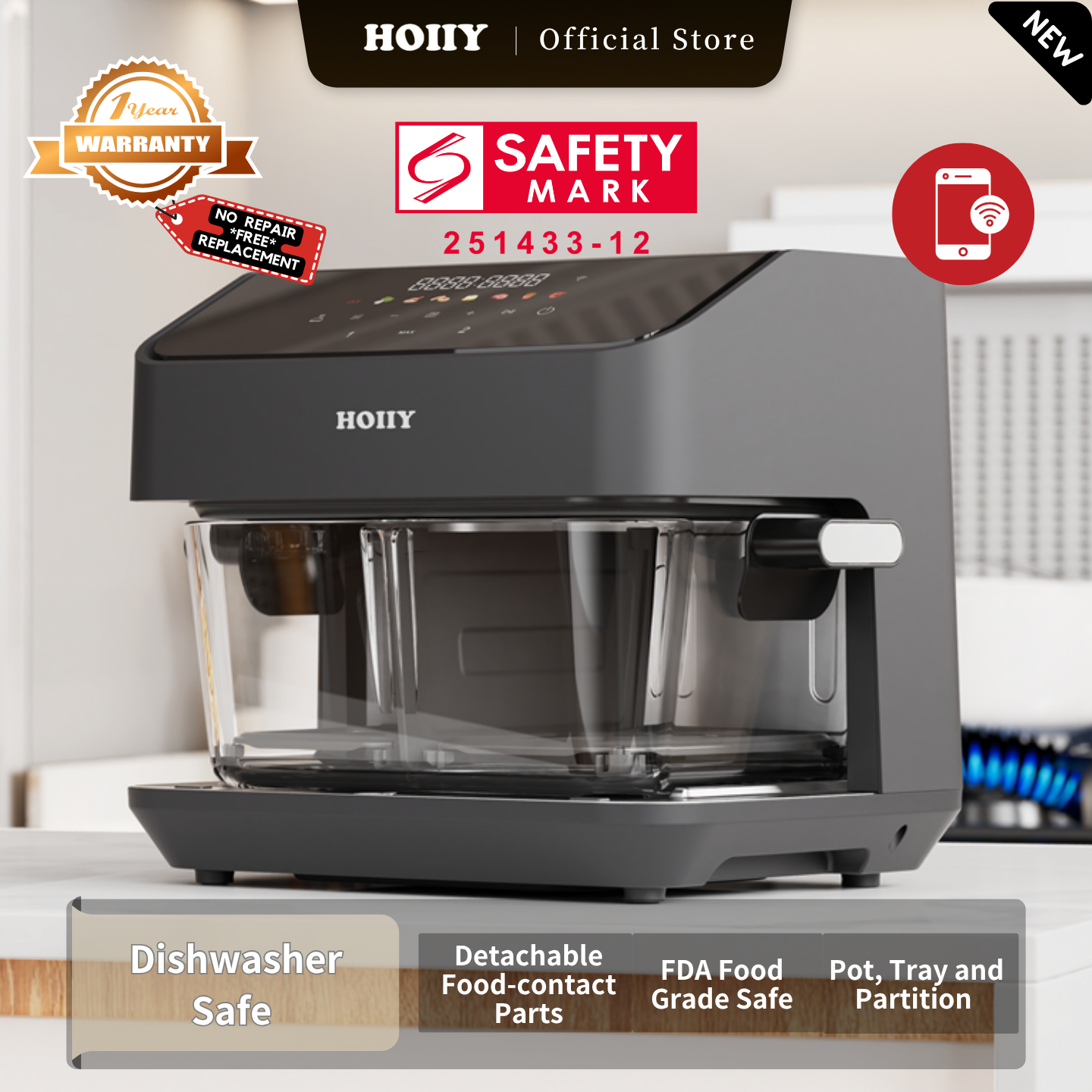 HOIIY Singapore 8L Glass Air Fryer Main Product Image with features including Dishwasher Safe, Purity Restored. Simply Detach & Refresh. 1-year Warranty, Safety Mark.