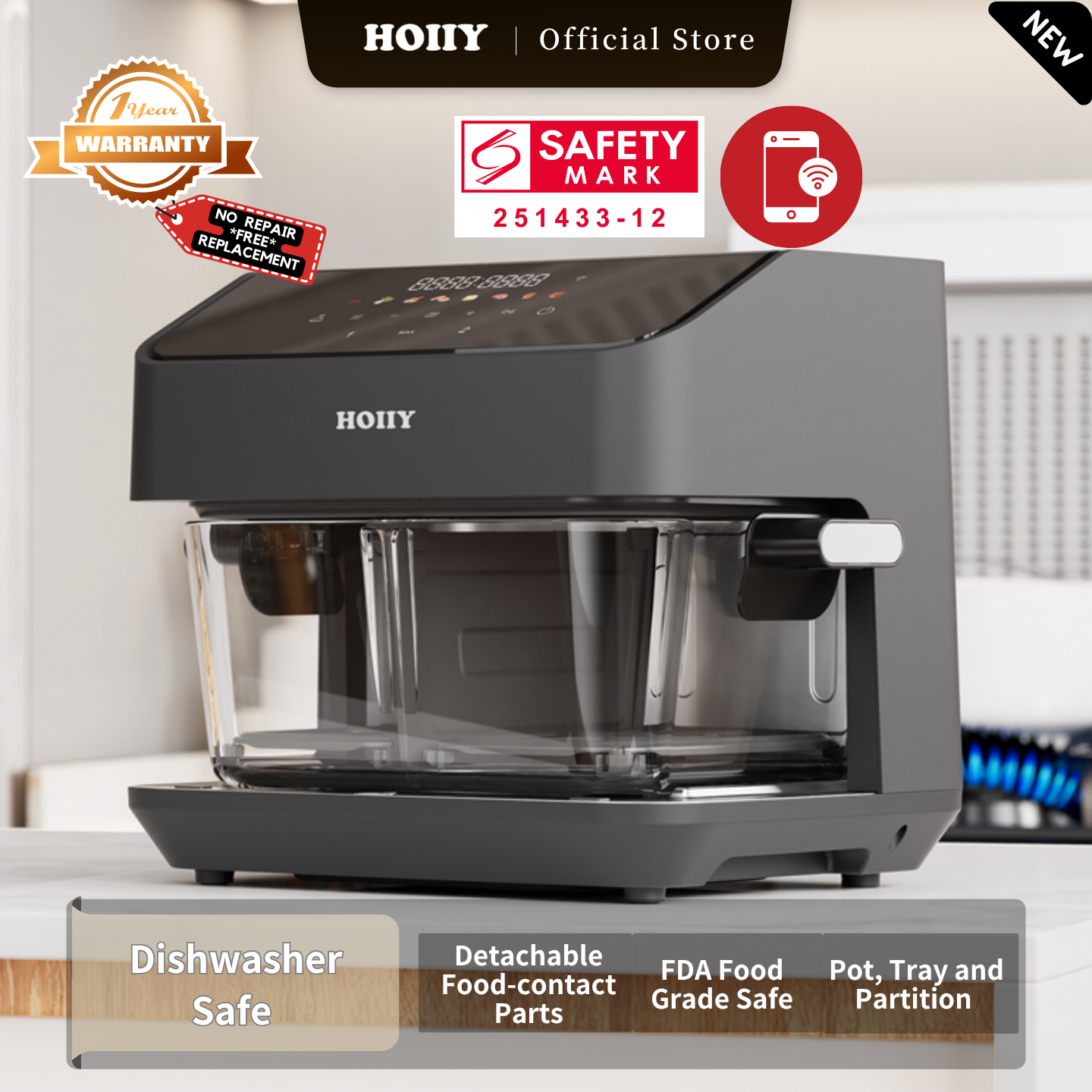 HOIIY Singapore 8L Glass Air Fryer Main Product Image with features including Dishwasher Safe, Purity Restored. Simply Detach & Refresh. 1-year Warranty, Safety Mark.