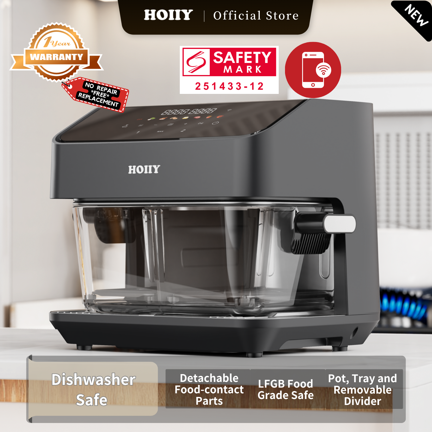 HOIIY Singapore 8L Glass Air Fryer Main Product Image with features including Dishwasher Safe, Purity Restored. Simply Detach & Refresh. 1-year Warranty, Safety Mark.