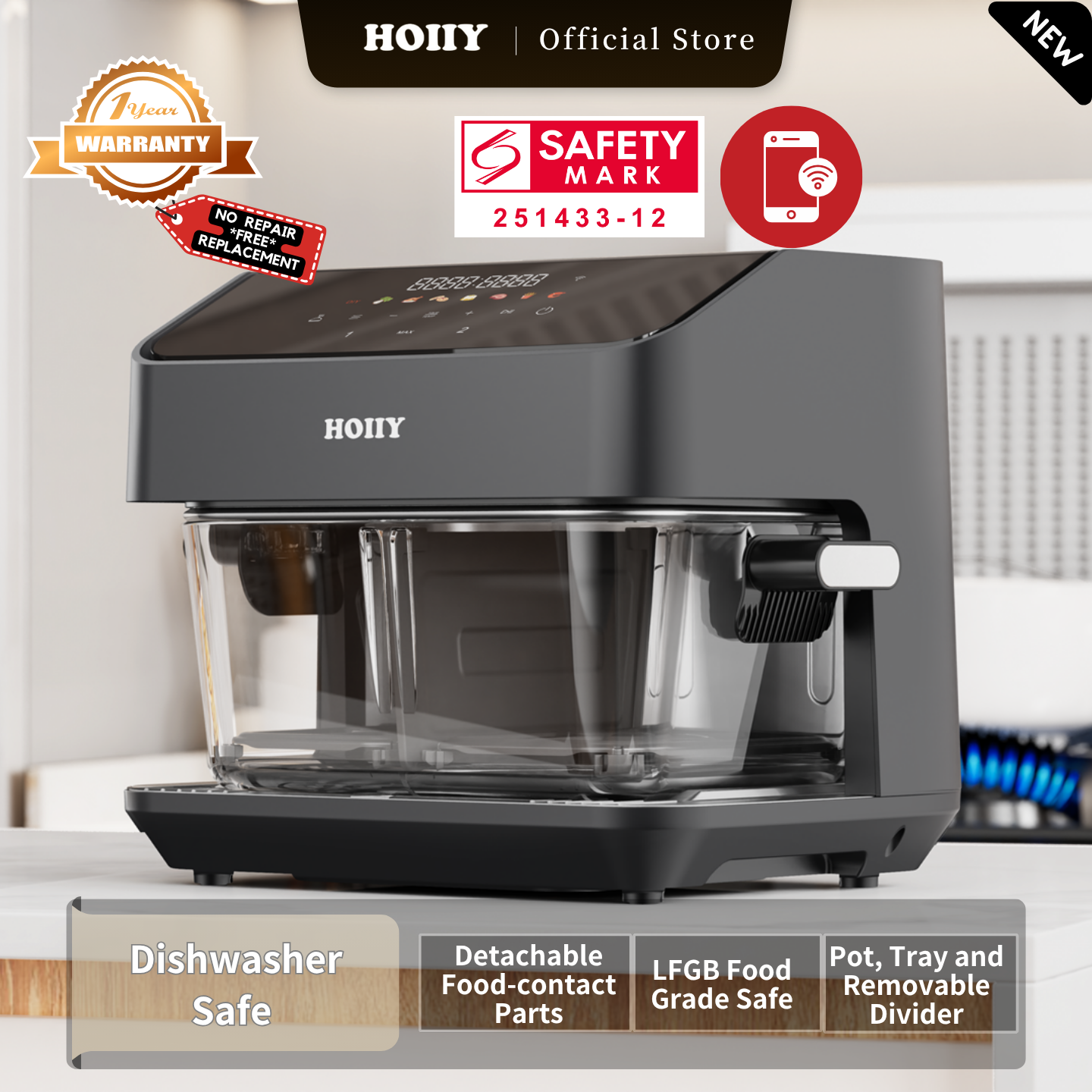 HOIIY Singapore 8L Glass Air Fryer Main Product Image with features including Dishwasher Safe, Purity Restored. Simply Detach & Refresh. 1-year Warranty, Safety Mark.
