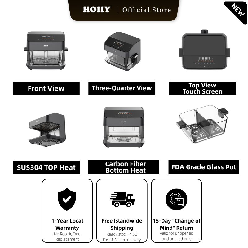 HOIIY 8L Glass Air Fryer: Exploded view showing SUS304 & Carbon Fiber heat, FDA glass pot, 1-Year Warranty and Free SG Shipping.