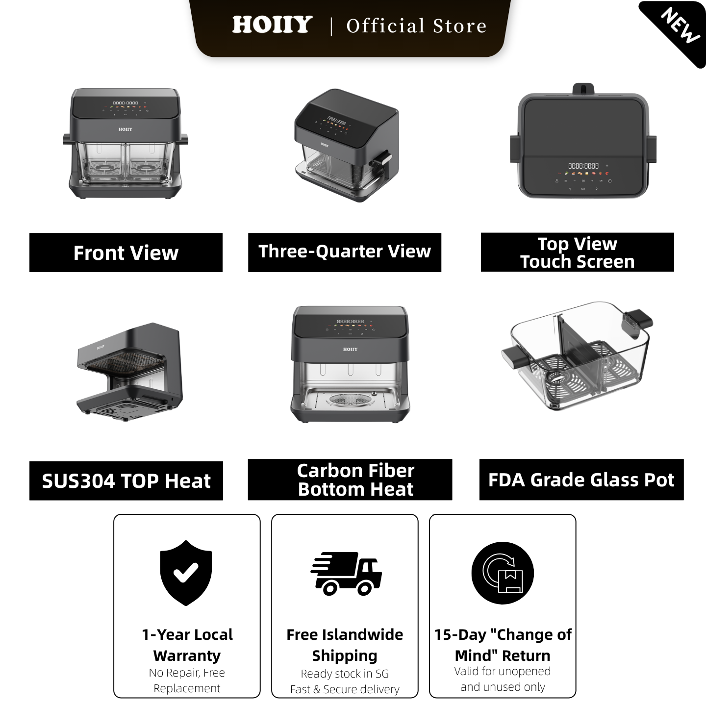 HOIIY 8L Glass Air Fryer: Exploded view showing SUS304 & Carbon Fiber heat, FDA glass pot, 1-Year Warranty and Free SG Shipping.