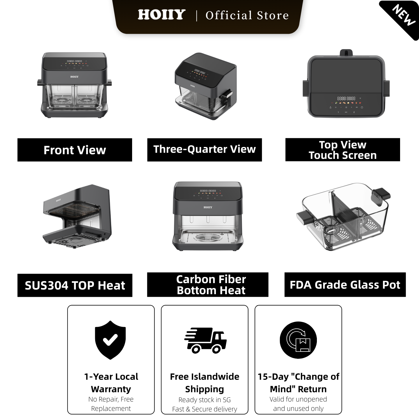 HOIIY 8L Glass Air Fryer: Exploded view showing SUS304 & Carbon Fiber heat, FDA glass pot, 1-Year Warranty and Free SG Shipping.