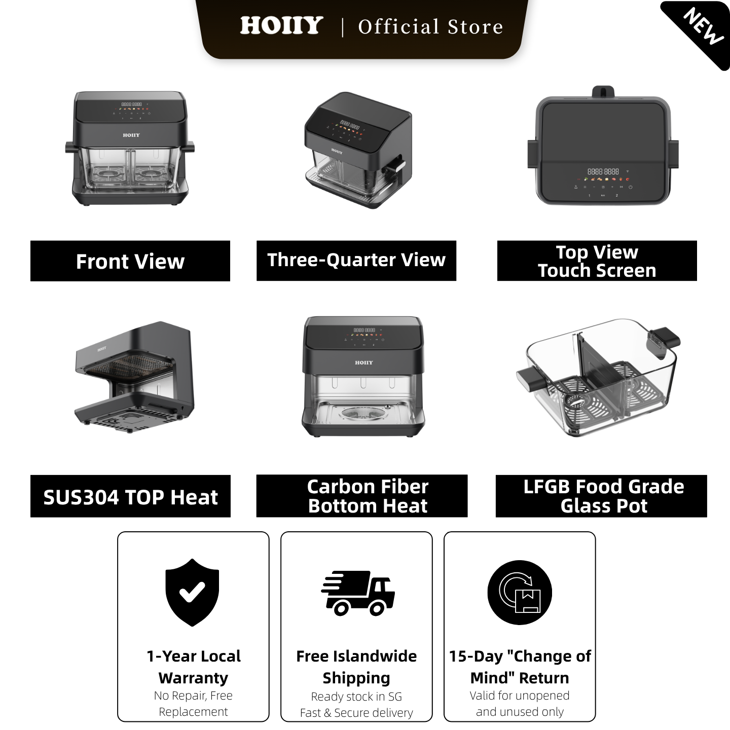 HOIIY 8L Glass Air Fryer: Exploded view showing SUS304 & Carbon Fiber heat, LFGB food-grade glass pot, 1-Year Warranty and Free SG Shipping.